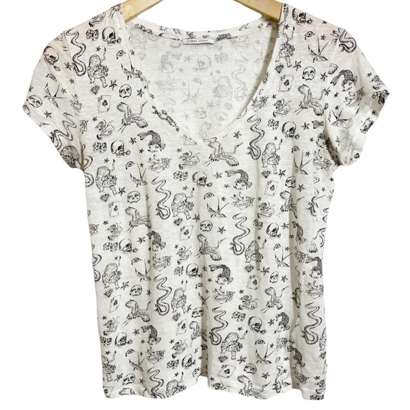 Ikks Women Skull Printed Linen V Neck Tee Size XS - Picture 1 of 7